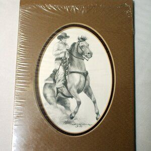 Horse & Cowboy Charcoal Drawing & Matted Frame - New